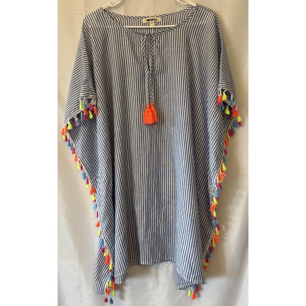 Miken Swim Coverup Kimono Blue White Stripe Tassels Swim Resortwear Large Boho